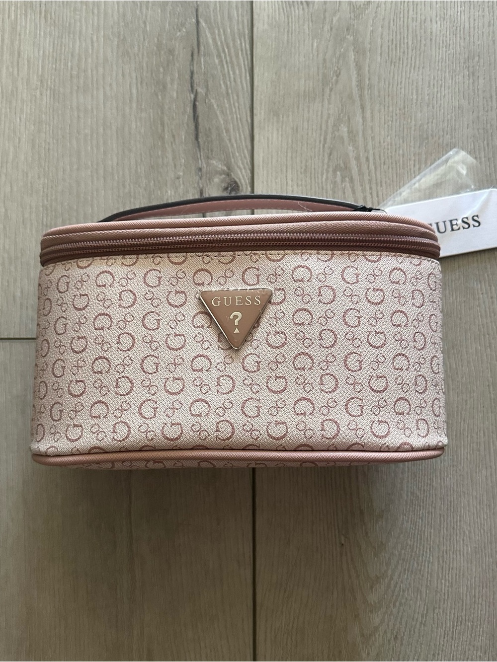 GUESS Blush Pink Logo Cosmetic Case with Gold Triangle Plaque
